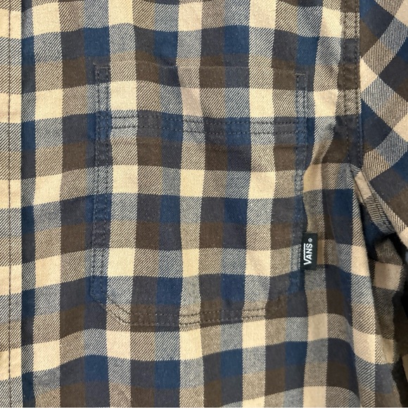 Vans Button Shirt Flannel Mens Medium Tailored Fit Plaid Blue Brown - Picture 3 of 7